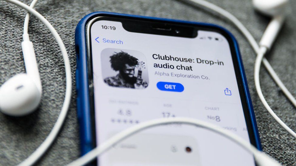 Clubhouse Drop-in audio chat app logo on the App Store is seen displayed on a phone screen in this illustration photo taken in Poland on February 3, 2021.