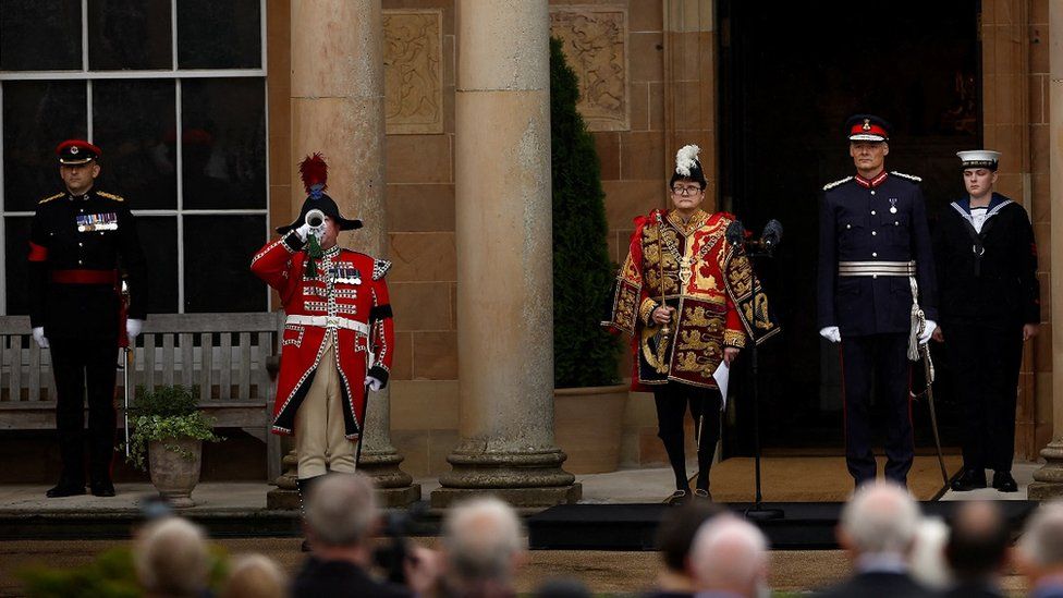 Norroy and Ulster King of Arms, Robert Noel, arrives to read the Proclamation of Accession at Hillsborough Castle,