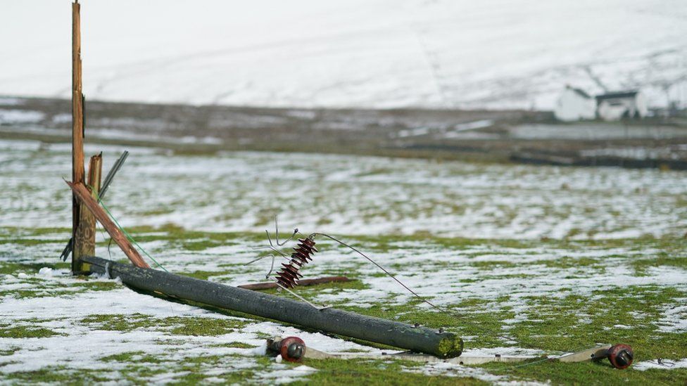 Damaged power lines can be seen in a remote area of Teesdale on December 05, 2021 in Durham, England. Several thousand people in the North East remain without power more than a week after Storm Arwen battered parts of England and Scotland.