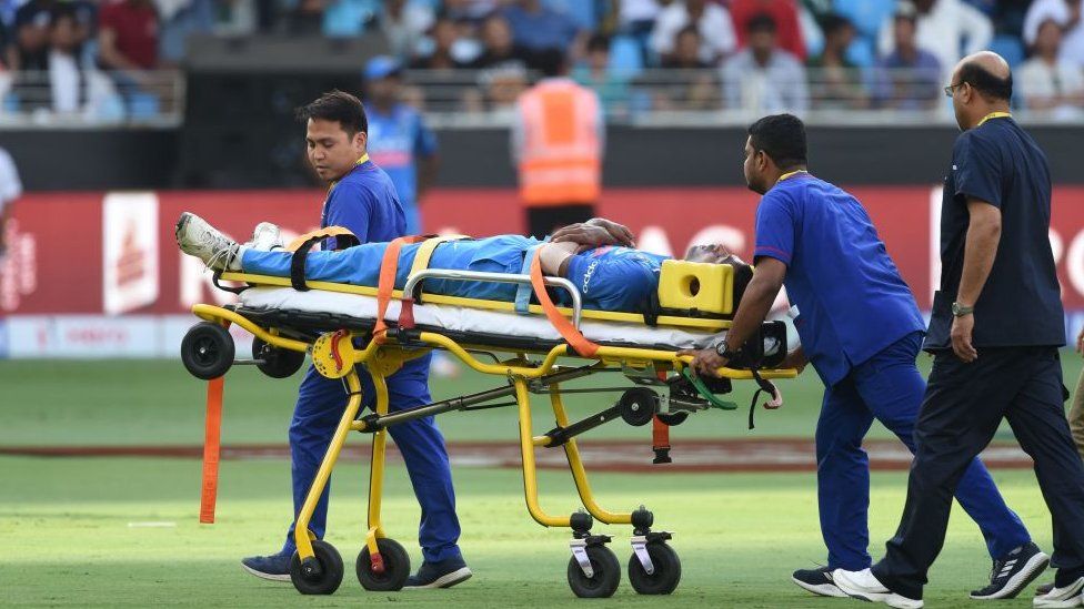 Hardik Pandya is carried on a stretcher after getting injured during the one day international (ODI) Asia Cup cricket match between Pakistan and India at the Dubai International Cricket Stadium in Dubai on September 19, 2018