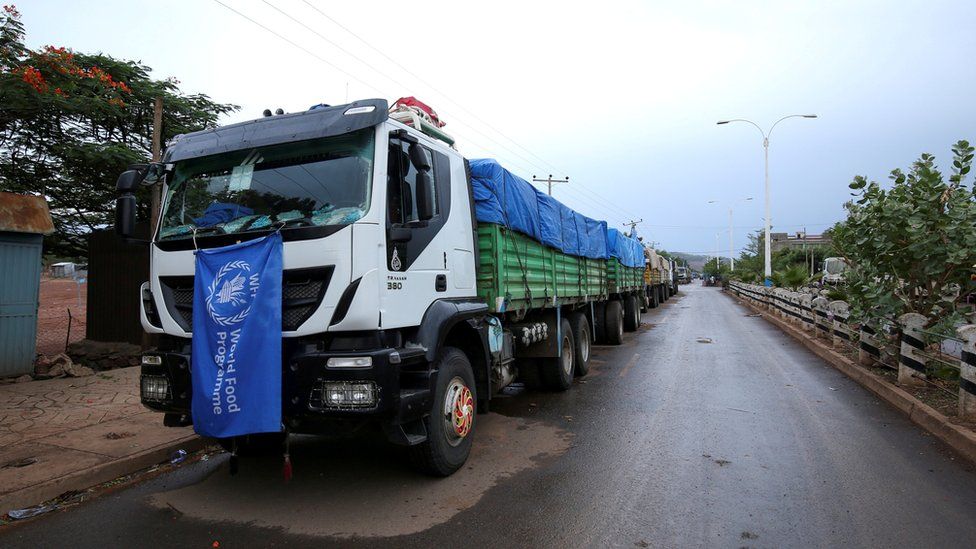 World Food Programme (WFP) convoy trucks carrying food items for the victims of Tigray war are seen parked after the checkpoints leading to Tigray Region were closed, in Mai Tsebri town, Ethiopia June 26, 2021