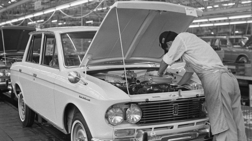 A worker at a Datsun car plant in Japan in 1968.