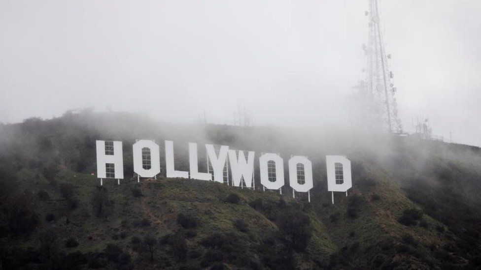 The Hollywood sign in the clouds