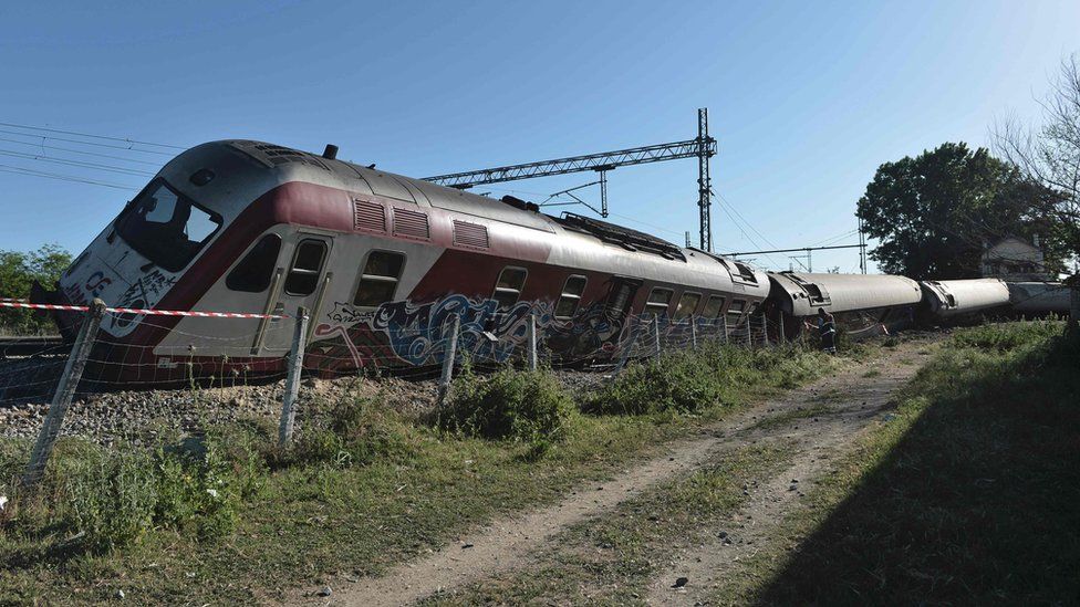 A Greek express train slammed into a house after derailing near the northern city of Thessaloniki, killing three people and seriously injuring others, 14 May 2017