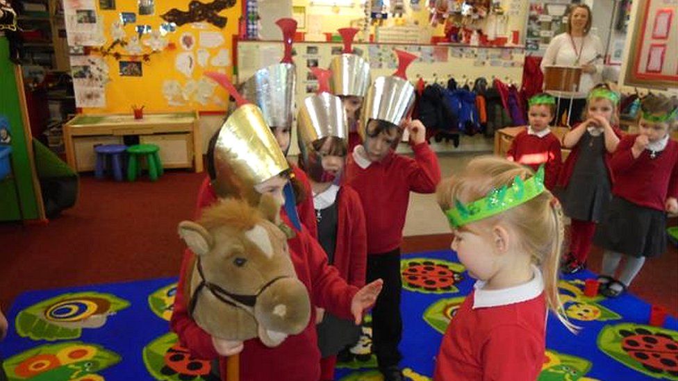 4 year- old children from Springhead Primary acting out a scene from Julius Caesar, when he returns from battle