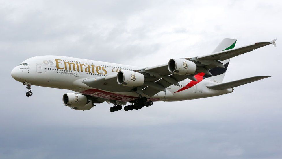 An Emirates Airbus A380 landing at Heathrow