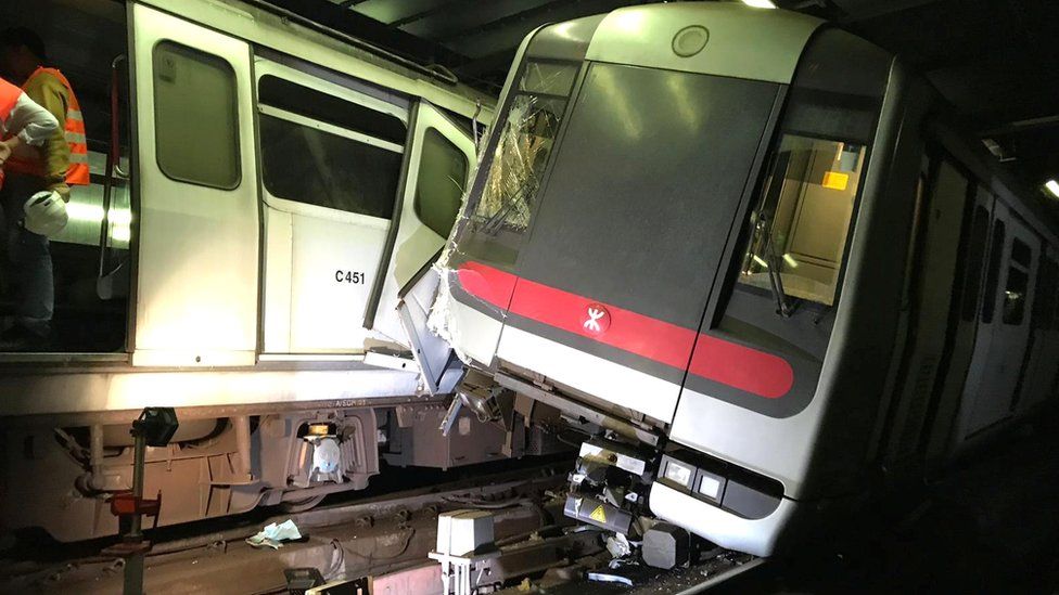 Mass Transit Railway (MTR) trains collide near Central station during a signal system trial in Hong Kong, 18 March 2019