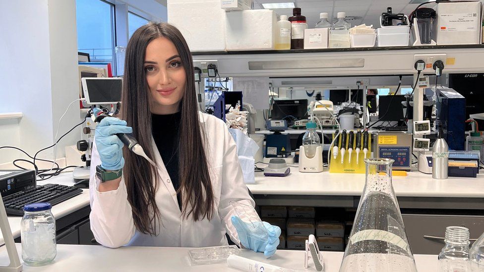 PMBSNU medical student Mariia Hryhorian in the Medical School laboratory at Swansea University