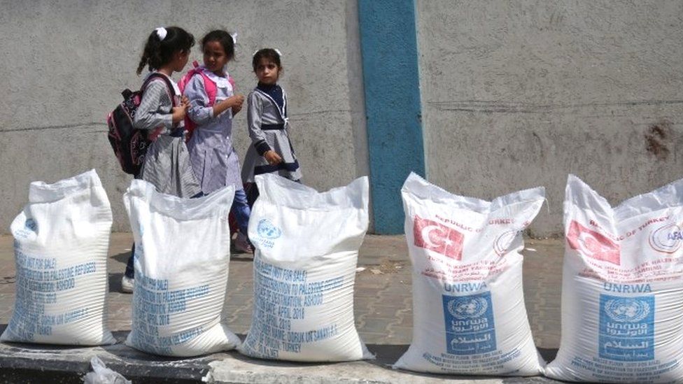 Palestinian girls with UN aid in Rafa, Gaza Strip