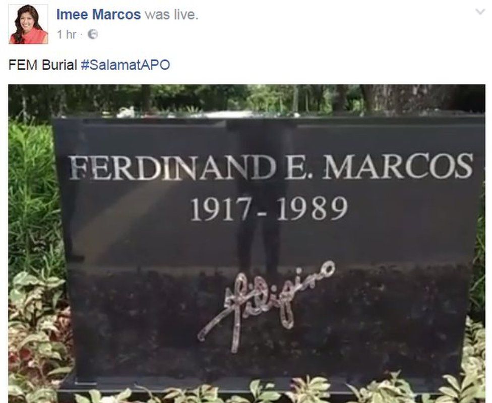 Снимок экрана со страницы Ими Маркоса в Facebook, показывающий изображение в прямом эфире надгробия покойного диктатора. 18 ноября 2016 года.