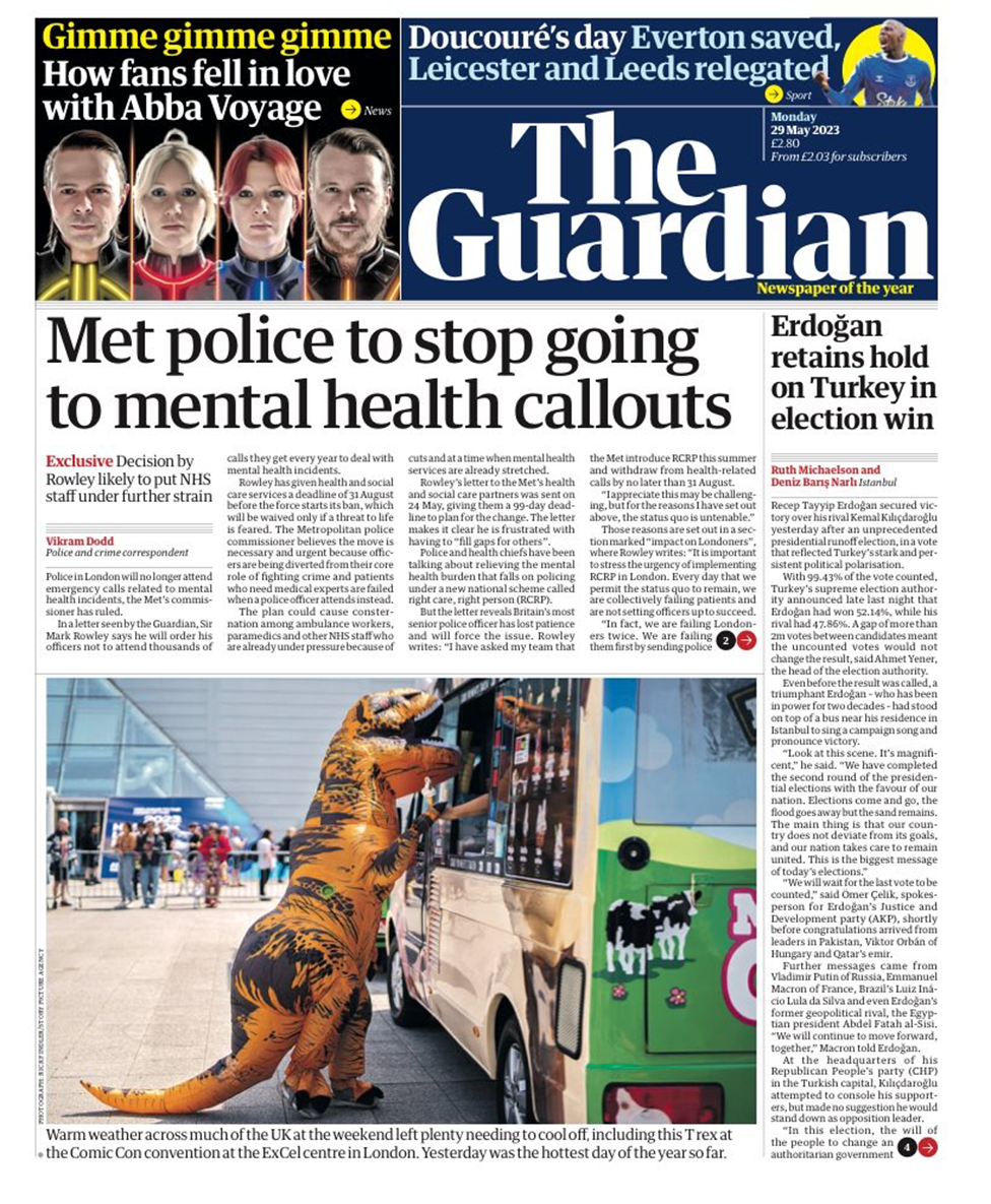 The headline on the front page of the Guardian reads "Met police to stop going to mental health callouts"