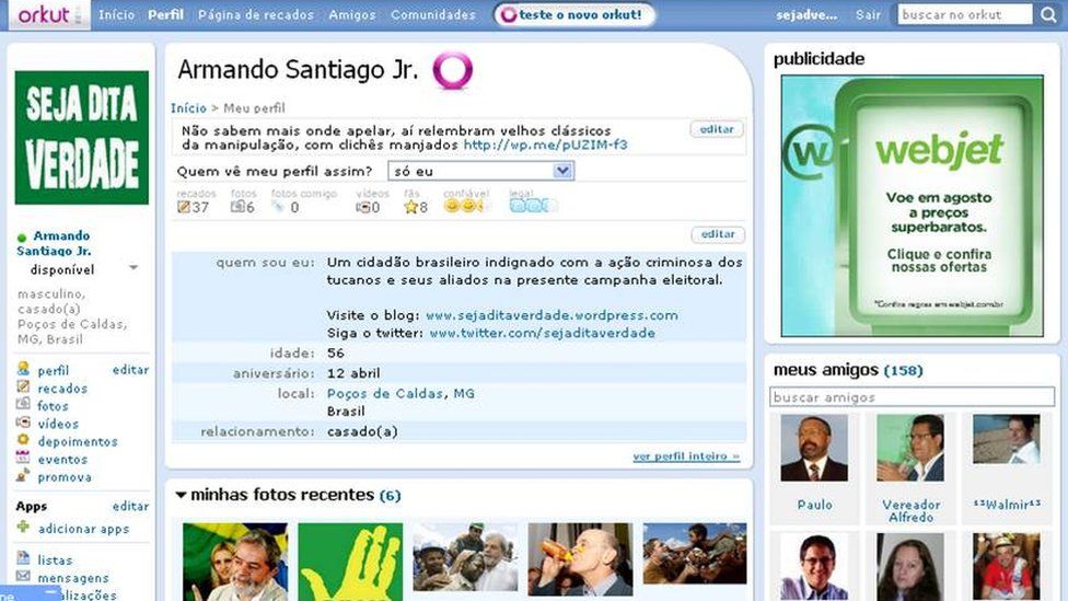 A screenshot of the "Armando Santiago Jr" profile in Orkut, where he described himself as "a Brazilian citizen outraged by the criminal actions of the opposition in the election campaign."