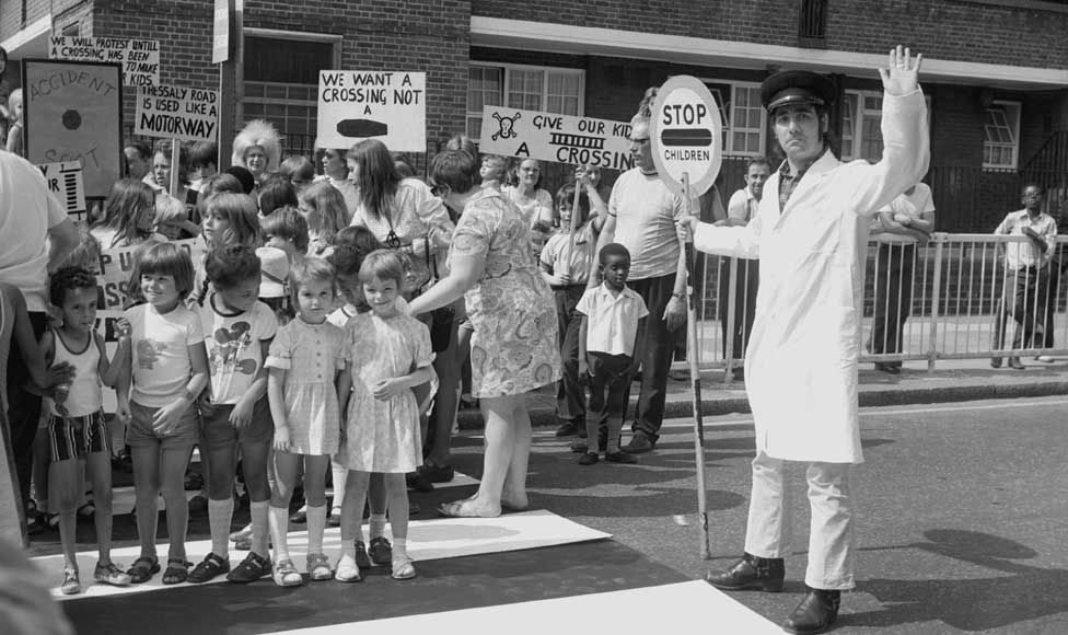 1973: Drummer Keith Moon takes part in a road safety campaign in south London