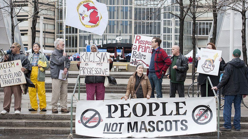 Protestors voice their opinion about Cleveland Indians mascot Chief Wahoo outside Progressive Field prior to the game between the Cleveland Indians and the Minnesota Twins on April 4, 2014 in Cleveland, Ohio.