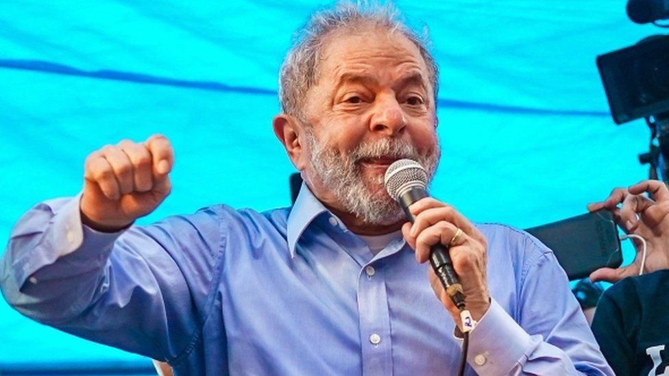 Former Brazilian President Luiz Inacio Lula da Silva speaks to a crowd of 70,000 in the centre of Porto Alegre, Brazil