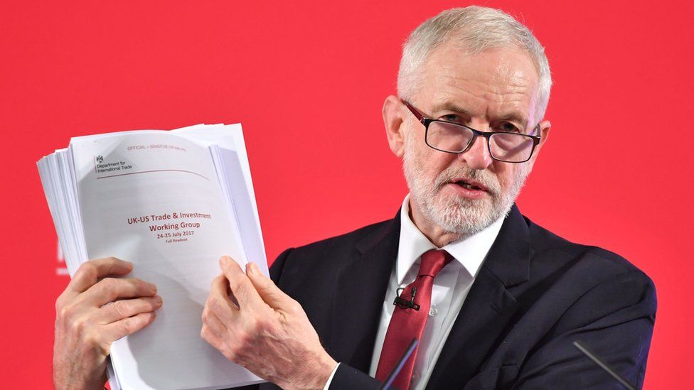 Labour leader Jeremy Corbyn holds confidential UK government documents.
