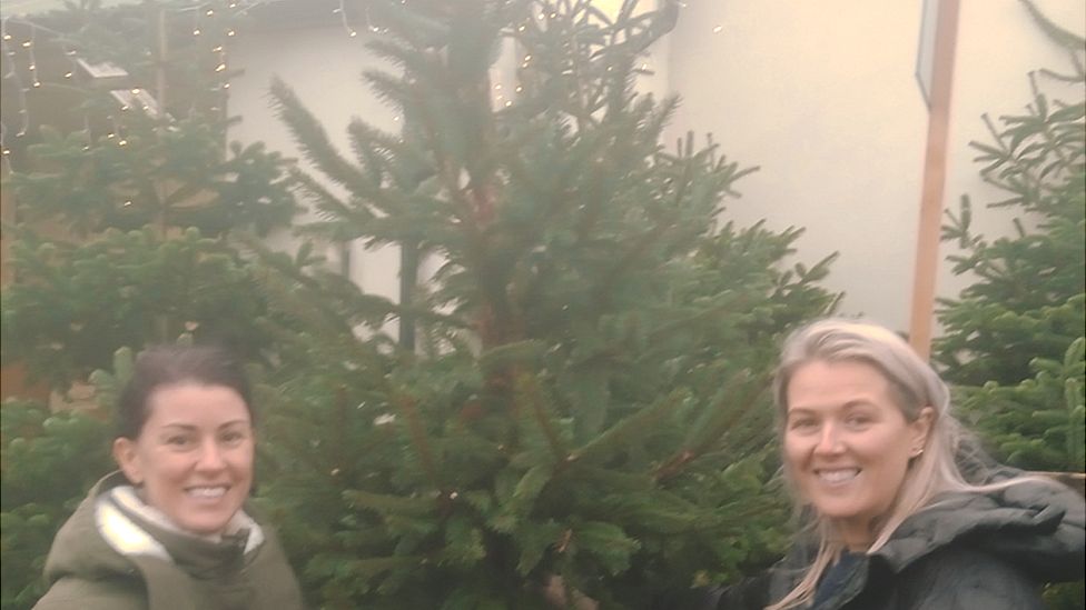 Two women stand beside an undecorated Christmas tree in a shop