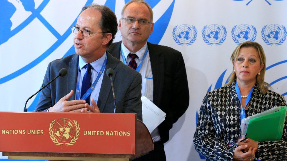 UN independent experts on Burundi (L-R) Pablo de Greiff, Christof Heyns and Maya Sahli-Fadel during presentation of final report in Geneva. 27 September 2016