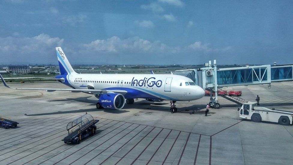 An Indigo Airline is ready for the departure at the Srinagar airport in Jammu and Kashmir.