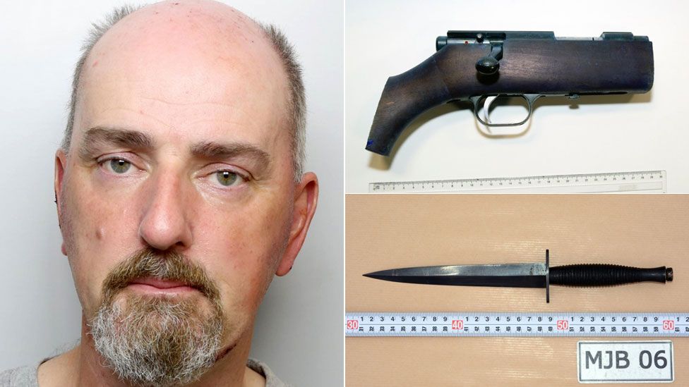 Thomas Mair and images of a knife and gun shown to the jury at his trial