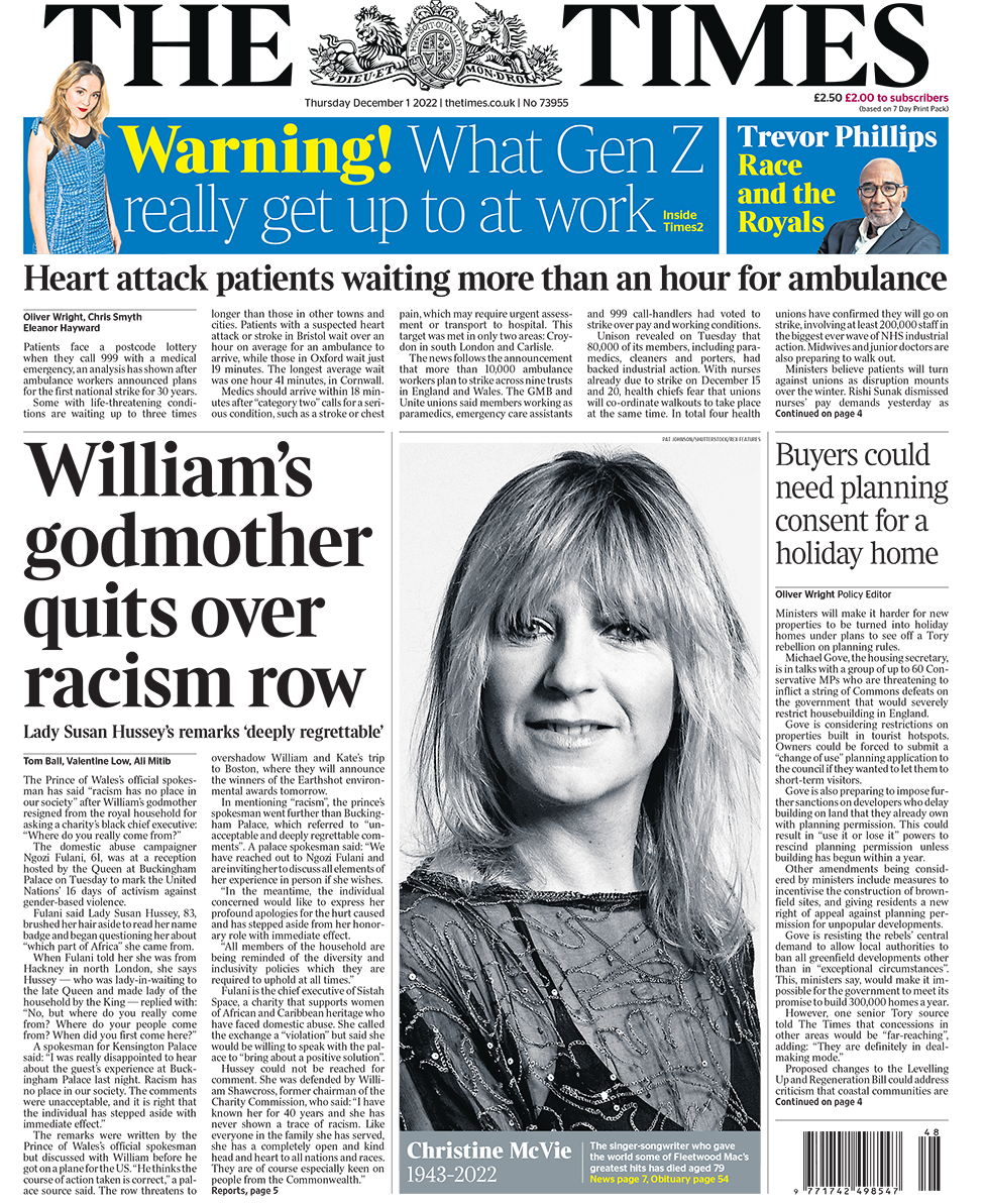 Главный заголовок на первой полосе Times гласит: 'Крестная мать Уильяма уходит из-за скандала на почве расизма'
