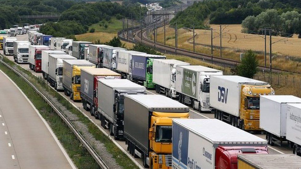 Lorries parked on the M20 near Charing, Kent, as part of Operation Stack