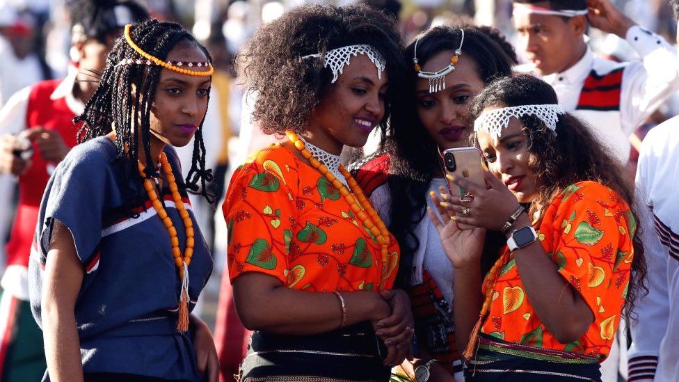 Women dressed up for the Oromo festival Irreecha in Ethiopia - 2019