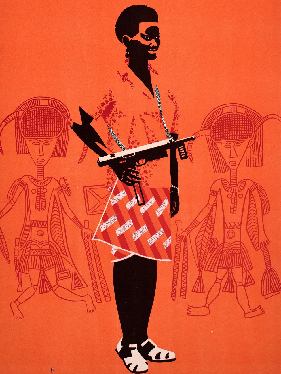 An Ospaaal poster, entitled Day of Solidarity with the People of Guinea-Bissau and Cape Verde, 1968 showing a woman with a gun