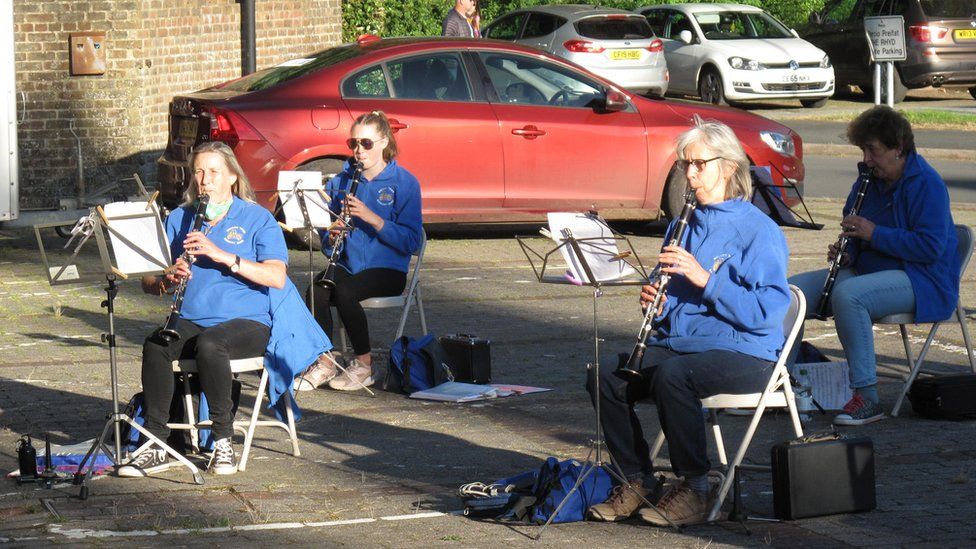 Brecon Town Concert Band rehearsing outside