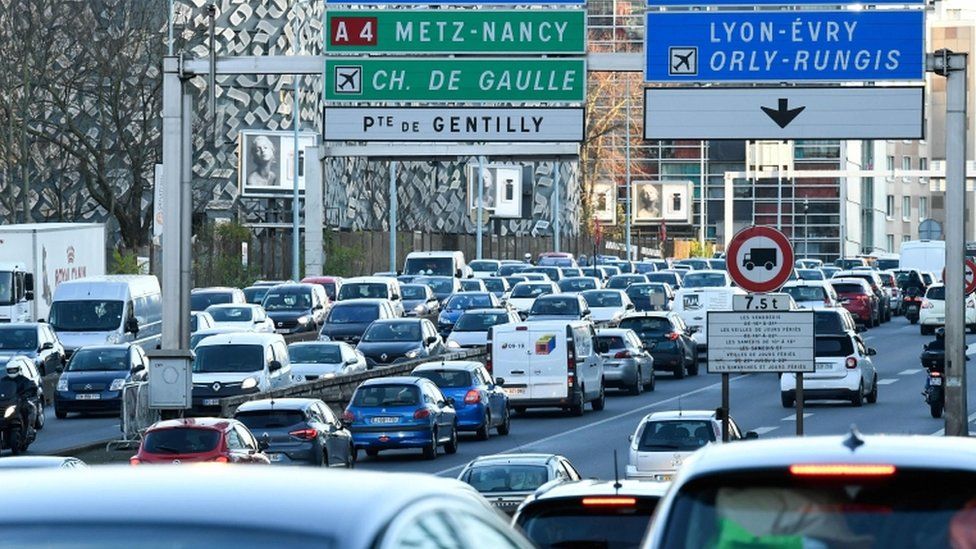 Heavy traffic on the ring road of Paris also called the peripherique, on December 20, 2019