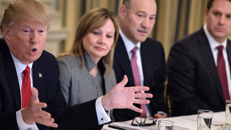 (L-R) President Donald Trump talks as General Motors CEO Mary Barra, Goldman Sachs President Gary Cohn and Walmart CEO Doug McMillon listen at a Strategy and Policy Forum meeting in February.