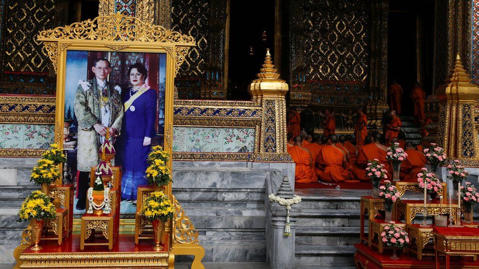 Buddhist monks attend a ceremony at the Grand Palace to commemorate Thailand's King Bhumibol Adulyadej"s 70th anniversary on the throne, in Bangkok