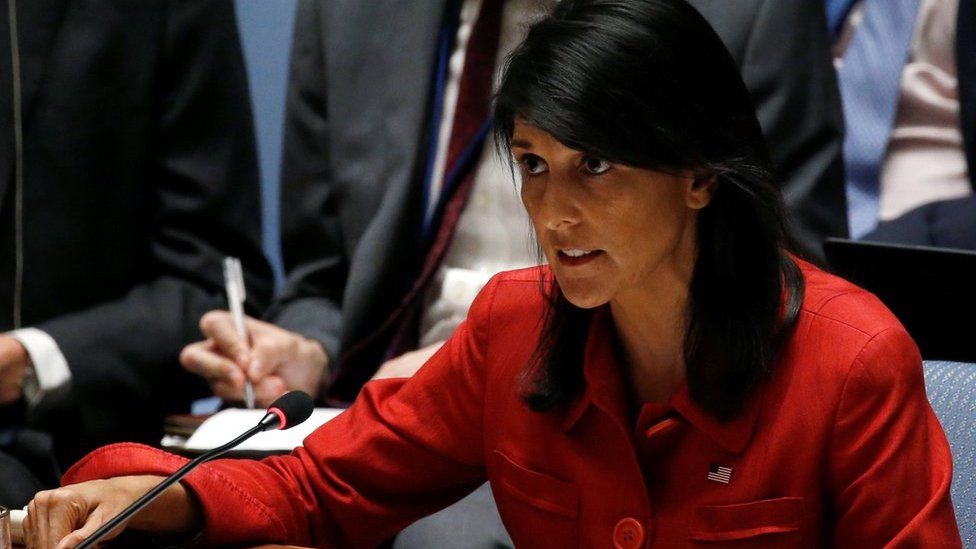U.S. Ambassador to the United Nations Nikki Haley directs comments to the Russian delegation at the conclusion of a U.N. Security Council meeting to discuss the recent ballistic missile launch by North Korea at U.N. headquarters in New York, U.S., 5 July 2017.