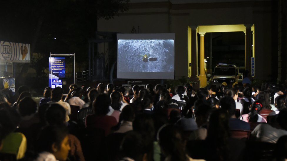 In Kolkata, India, 07 September, 2019, school students watch the live streaming screen of Chandrayaan2 landing on the lunar surface. According to ISRO (Indian Space Research Organisation), Vikram Lander was as planned and normal performance was observed upto an altitude of 2.1km