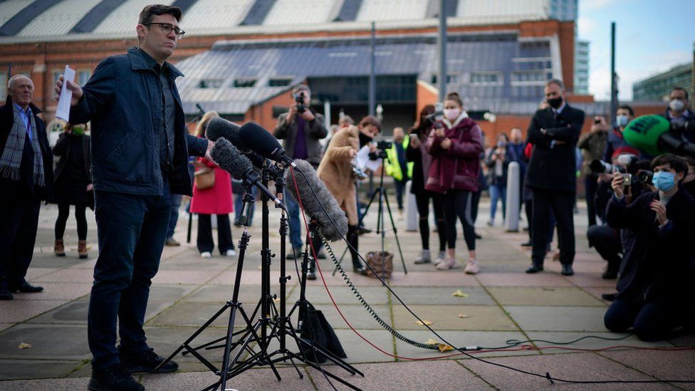 Greater Manchester Mayor Andy Burnham addressing the media