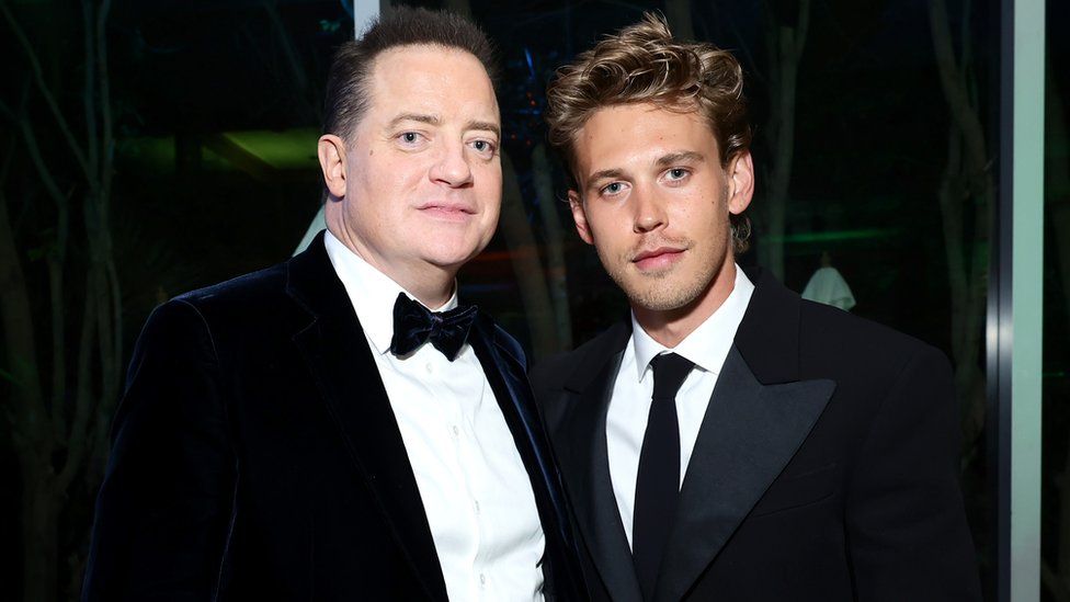 Brendan Fraser and Austin Butler attend the 34th Annual Palm Springs International Film Awards After Party at Palm Springs Convention Center on January 05, 2023 in Palm Springs, California