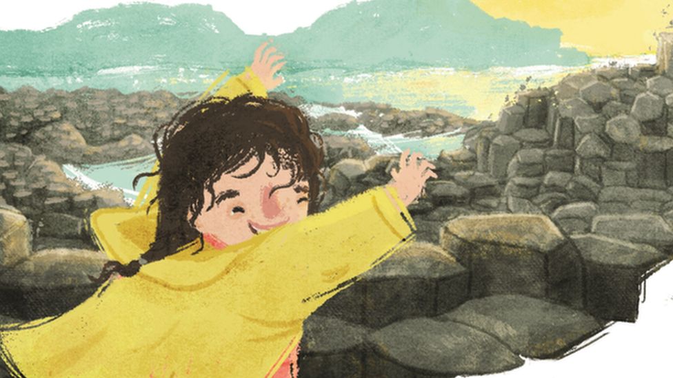 Illustration from Our Wee Place showing Emily at the Giant's Causeway