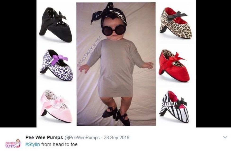 A tweet on the Pee Wee Pumps Twitter feed shows a baby in soft heels