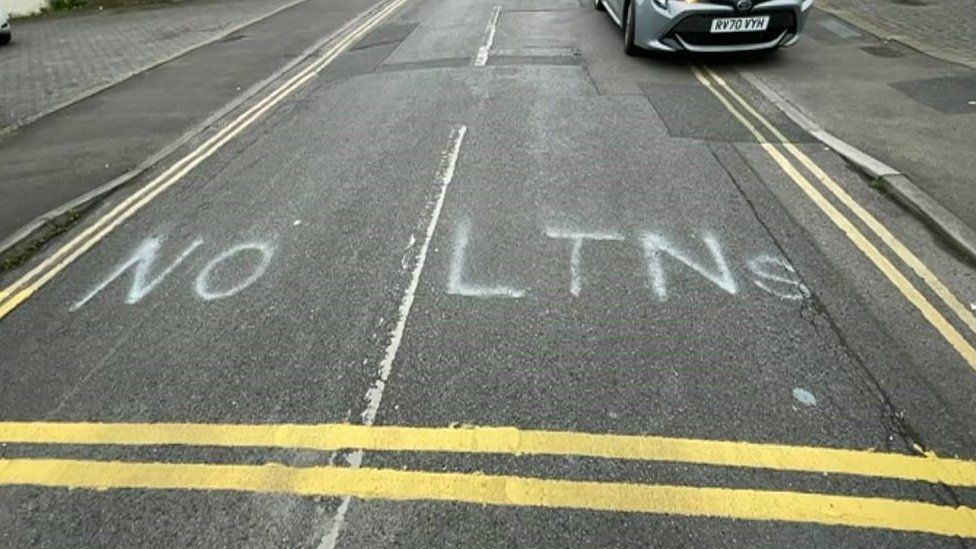 "No LTNs" spray painted on a road in East Oxford