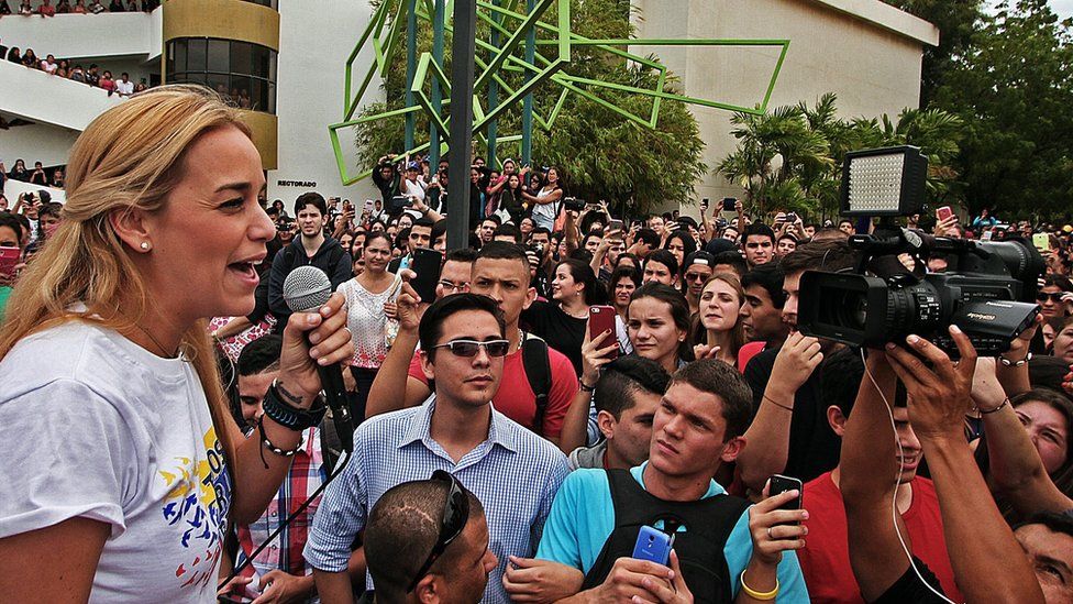 Lilian Tintori addresses a rally in the city of Maracaibo.