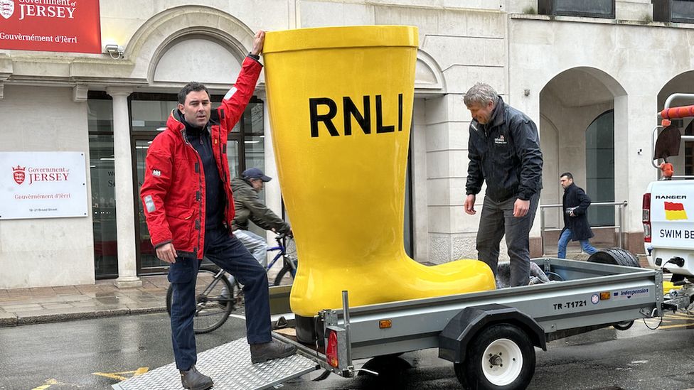 A giant yellow RNLI wellie boot