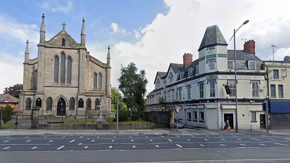 The Church of St Anthony's and The Throstles Nest on Scotland Road in Liverpool