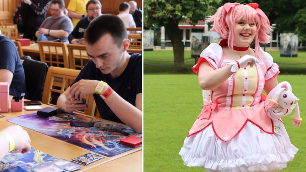 Competitive card game event and a girl wearing pink dress in cosplay