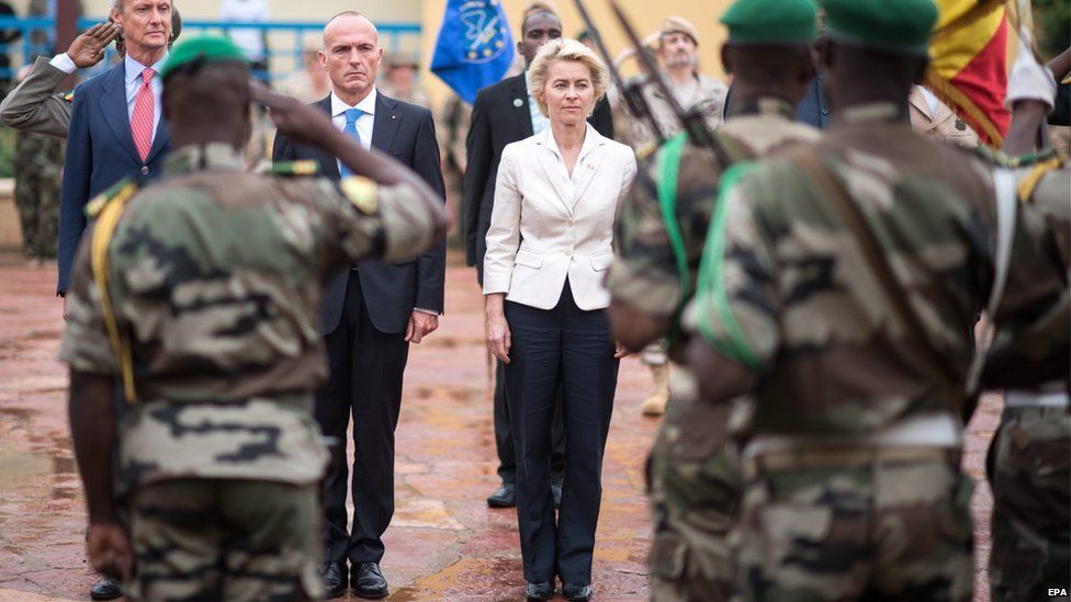 Defence Ministers Ursula von der Leyen (Germany, C-R), Gerald Klug (Austria, C), and Pedro Morenes (Spain, C-L) attend the command transfer of the European Training Mission in Mali (EUTM Mali) in Bamako, Mali - 28 July 2015