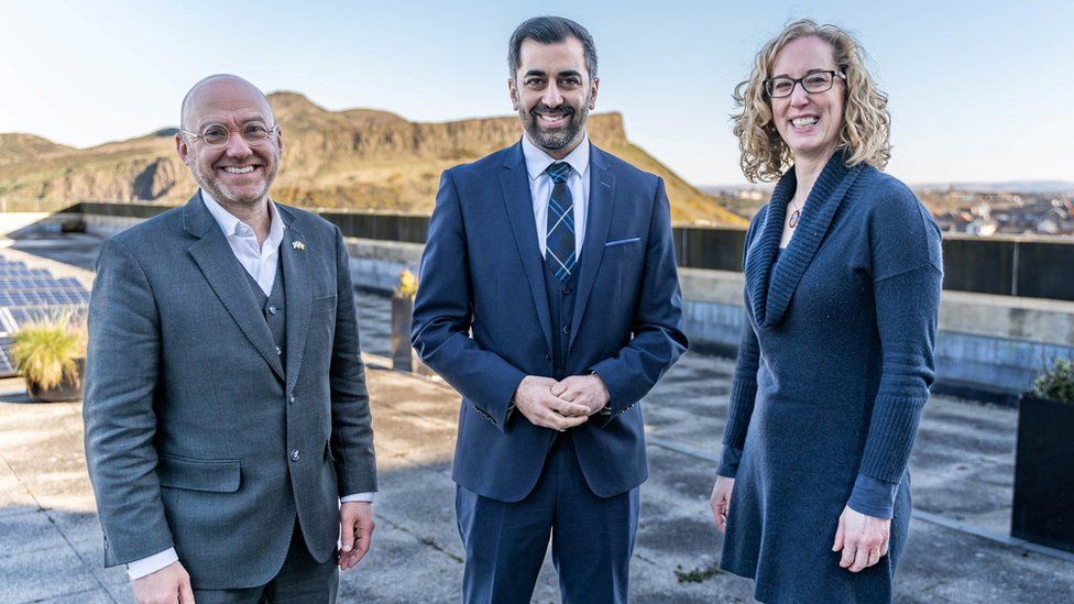 Humza Yousaf with Greens co-leaders Patrick Harvie and Lorna Slater