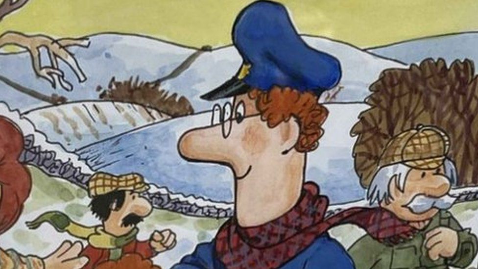 Watercolour of Postman Pat and other characters ice skating