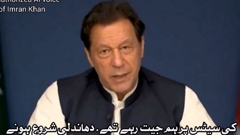 Imran Khan addressing supporters in an AI video posted on X