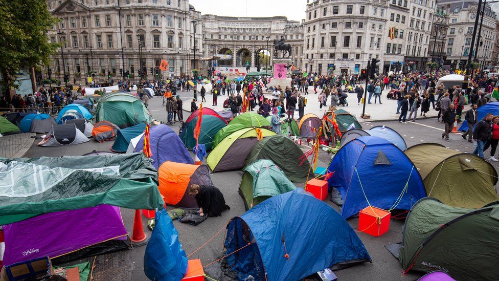 Tents belonging to protesters in Trafalgar Square