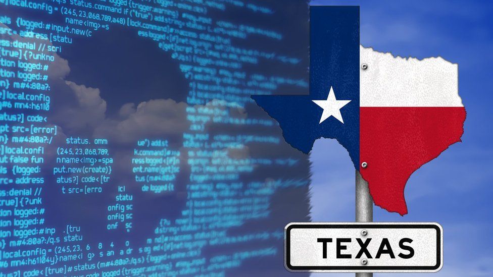 Screen of ransomware graphics and Texas flag