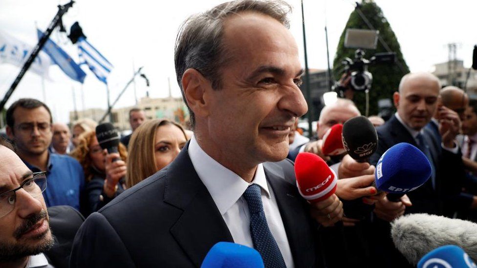 Greek Prime Minister and New Democracy conservative party leader Kyriakos Mitsotakis arrives at the party's headquarters, after the general election, in Athens, Greece, May 21, 2023